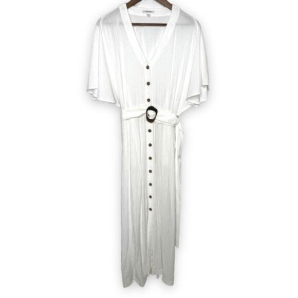 Calvin Klein White Gauze Knit‎ V-Neck Belted Button Front Maxi Dress Size 8 - Picture 1 of 16
